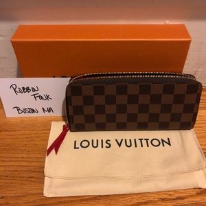 Red interior Damier Ebene clemence wallet